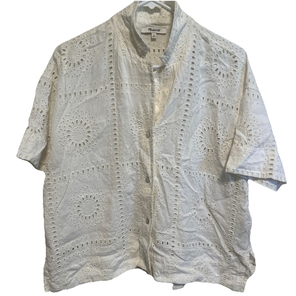 Madewell Women's Eyelet Button-Up Camp Shirt White Sz Medium Linen Blend - Picture 2 of 5